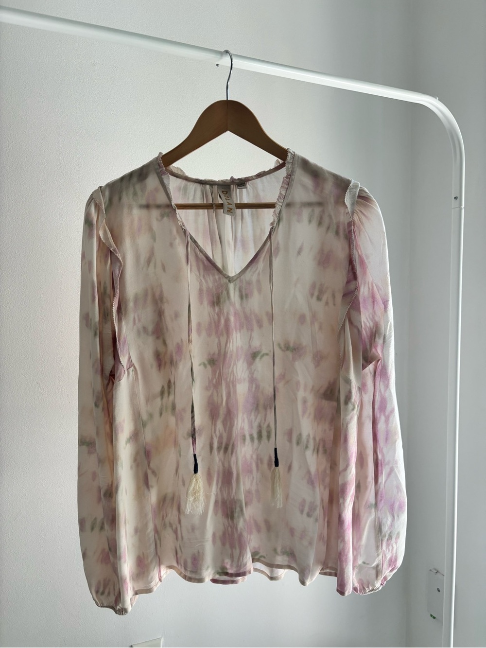 DOLAN Pink and Cream Tie-Dye V-Neck Blouse with Tassel Ties